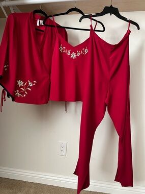 Willow Blossom women blood Red 100% silk Loungewear Set of three